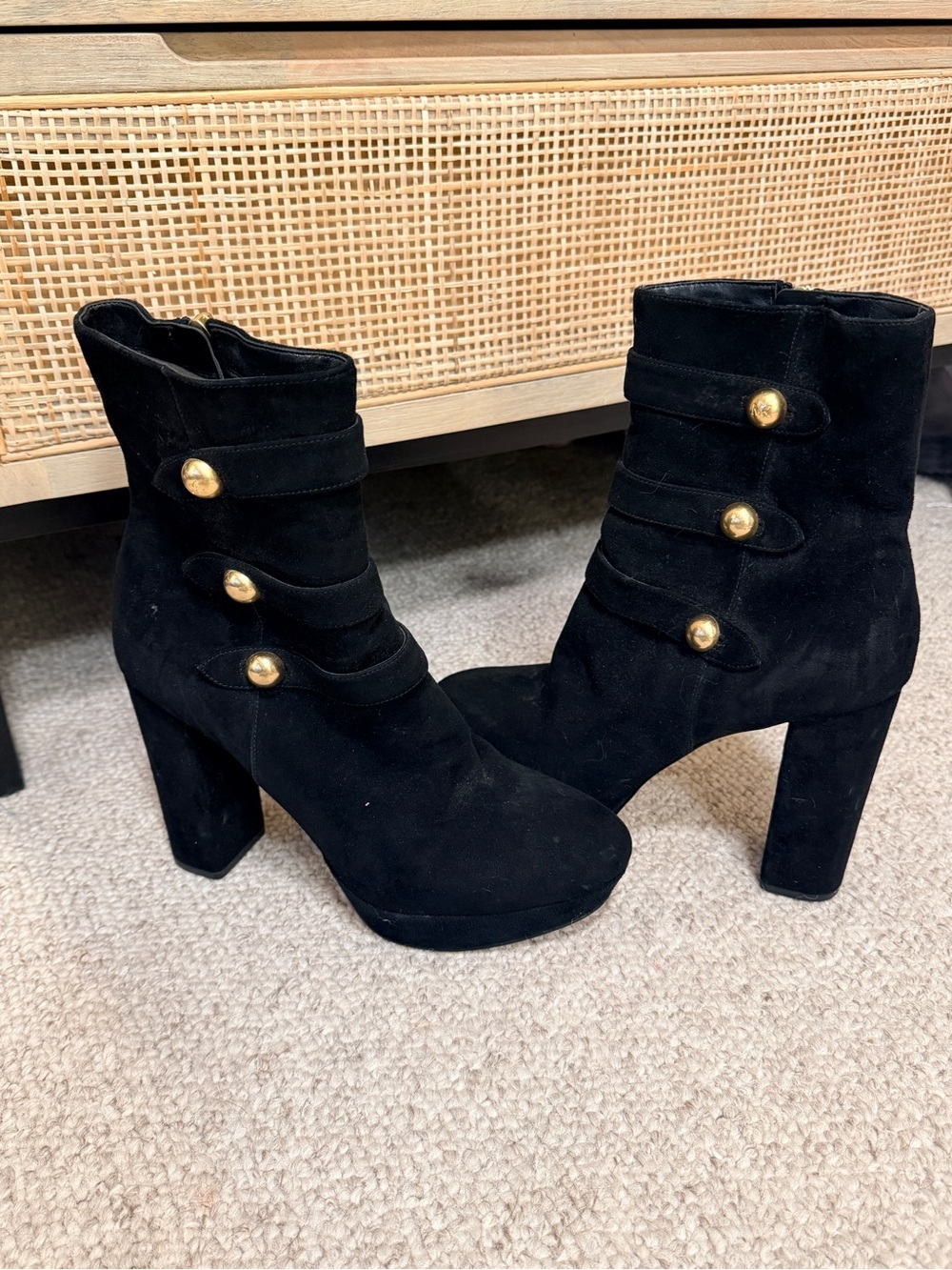 MICHAEL Michael Kors Black Suede High Block Heel Ankle Boots with Gold Buttons